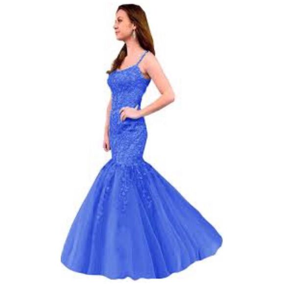 Niulatu Straps Mermiad Blue Beaded Tulle Sequin Prom Dress with Appliques HZ1108 main image 1